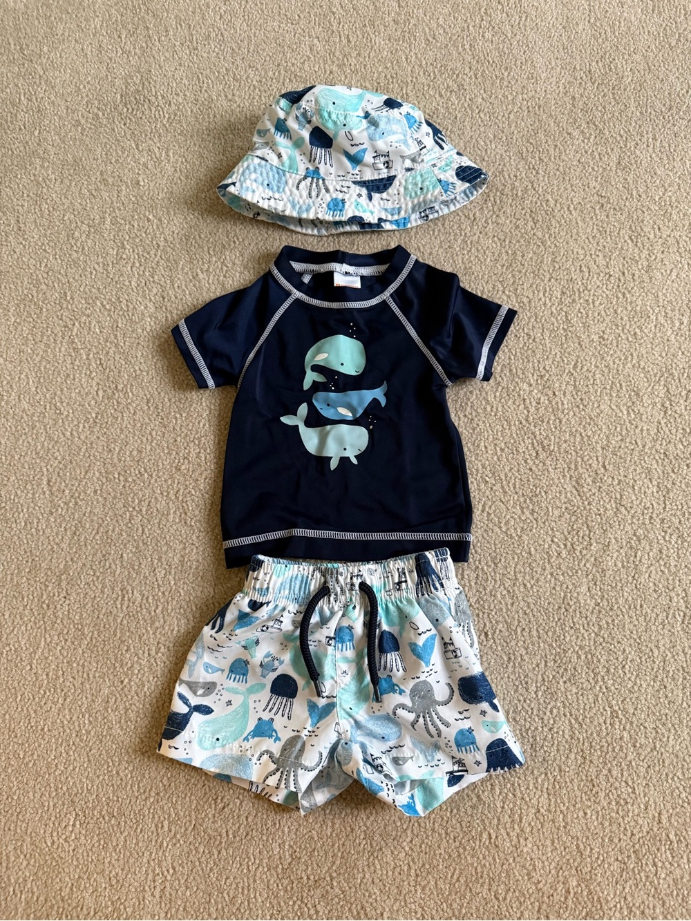 Gymboree Navy & Aqua Whale Rashguard Swim Set with Ocean-Print Shorts and Hat